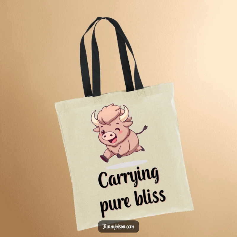 Funny kawaii bison happily prancing with exuberant joy, depicted on a sturdy tote bag, ideal for carrying everyday items with a smile.