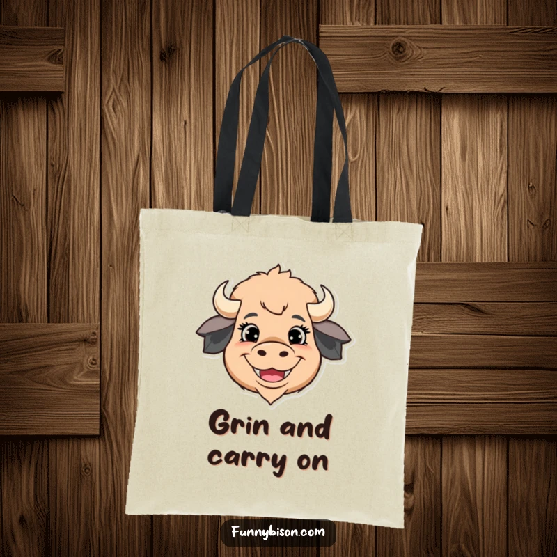Funny tote bag displaying a stylized bison head with exaggerated happy eyes and a wide, joyful grin, ready for your adventures.