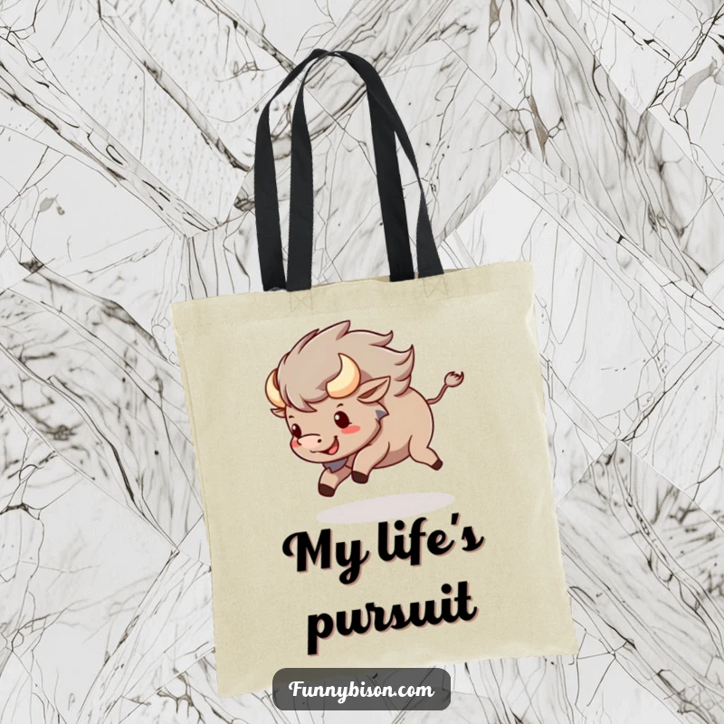 Funny Kawaii bison tote bag featuring a happy bison spinning around, chasing its tail, perfect for adding joy to daily use.