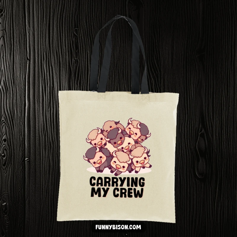 Funny Kawaii bison tote bag featuring a small group of happy bison playfully tumbling together, perfect for daily fun.